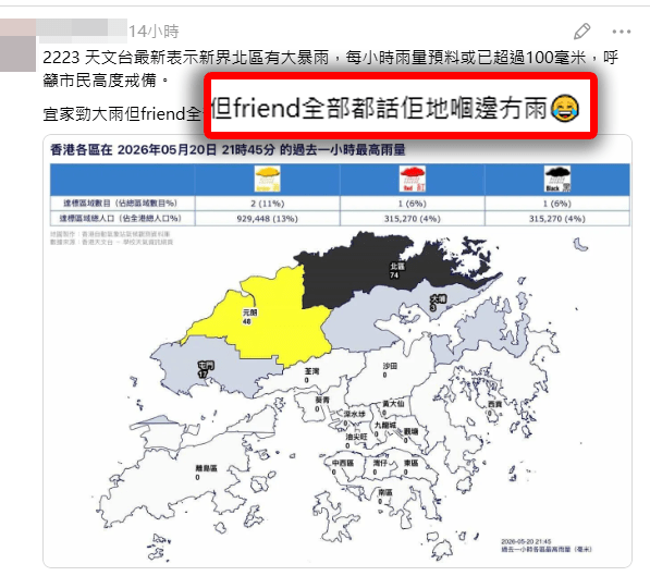 有網民無奈指出：「西北嘅朋友市區雨屎都無滴，條雨帶香港分4格，真係只掃咗上果塊。」（圖片：Threads＠rickyc.artwork、monalai1214、nhlam0129、nojwoo13）