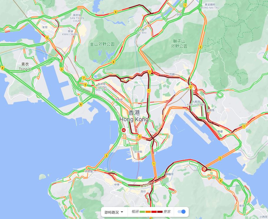本港多個主要幹道交通擠塞。Google Map截圖