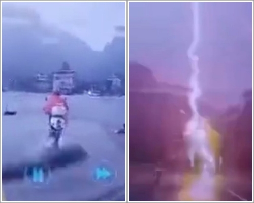 雨中行駛遇閃電人車瞬間倒地。網圖