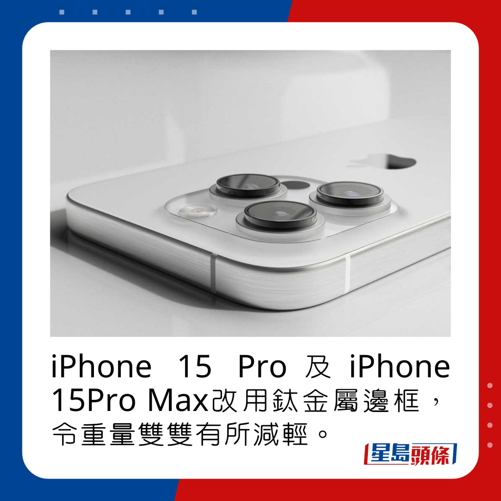 iPhone 15 Pro及iPhone 15Pro Max改用鈦金屬邊框，令重量雙雙有所減輕。