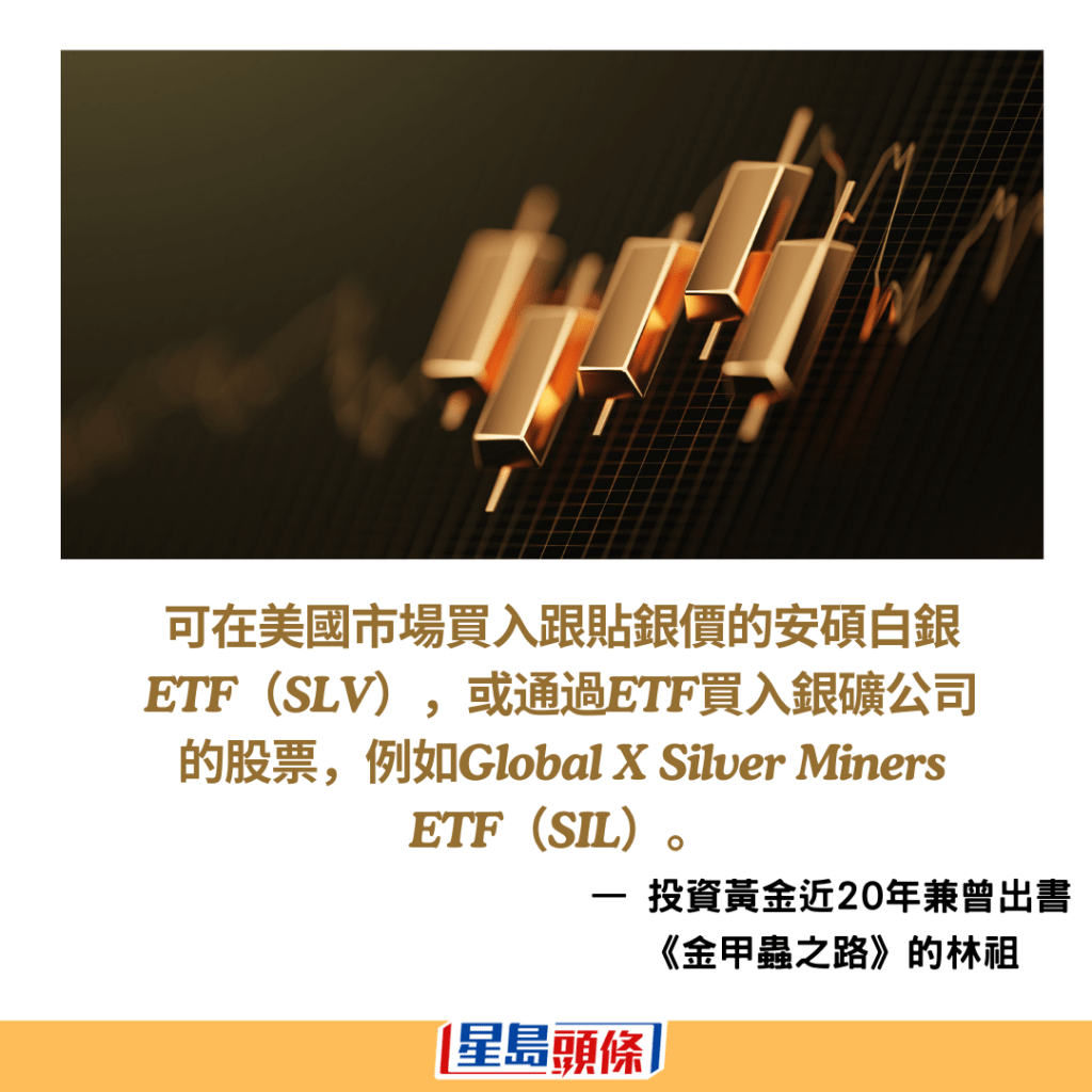投资者可在美国市场买入跟贴银价的安硕白银ETF（SLV），或者通过ETF买入银矿公司的股票，例如Global X Silver Miners ETF（SIL）。