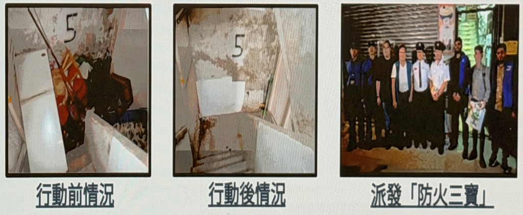 消防處舉例，去年4月深水埗一幢「三無大廈」經跟進後大為改善。消防處圖片