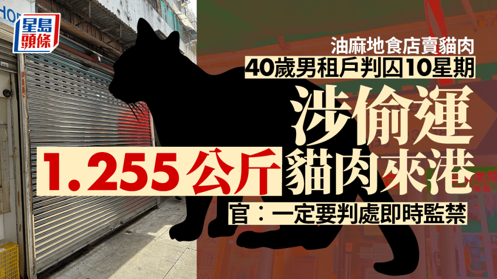 油麻地食店賣貓肉 ，40歲男租戶今日被判囚10星期，法官相信他涉偷運1.255公斤貓肉進入本港。