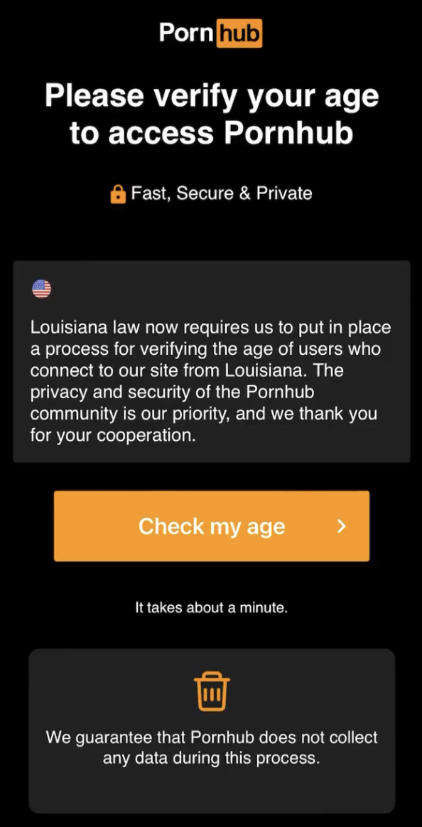 路易斯安那州也要求年齡驗證，Pornhub在當地流量驟降80%。 網上圖片