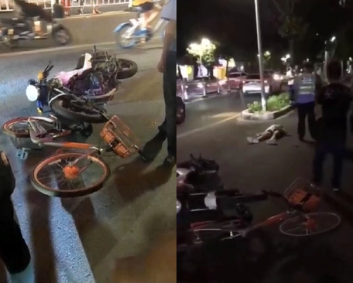 男女倒地受伤，电单车则与单车交叠。（网图）