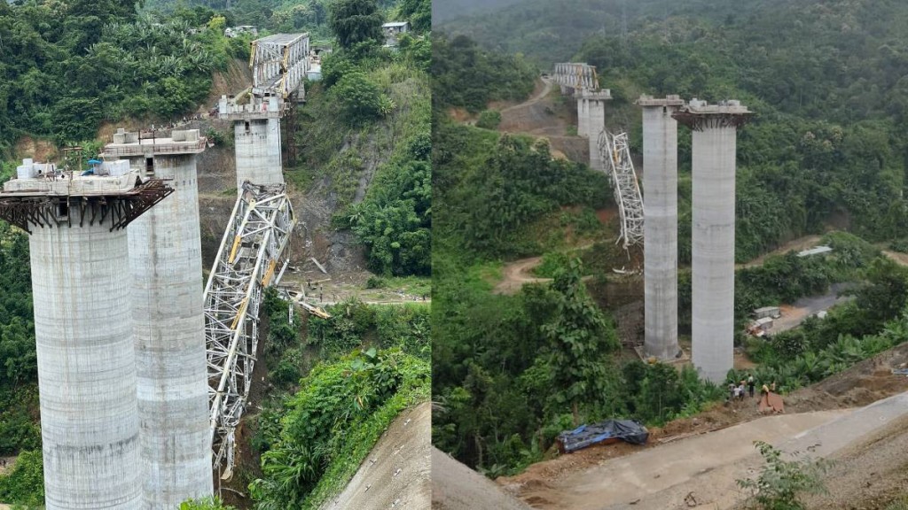 印度東北部米左拉姆省(Mizoram)一坐興建中的橋樑發生坍塌事故。(圖:X@Dr. Hari Babu Kambhampati)