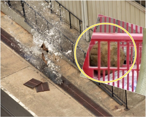 引爆一刻。小圖為發現的手榴彈（黃圈示）。