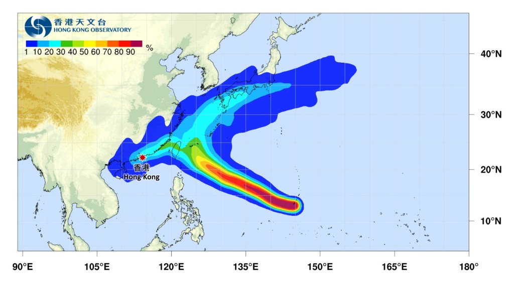 今日(18日)預計薔琵的路徑略微西調。天文台 今日(18日)預計薔琵的路徑略微西調。天文台