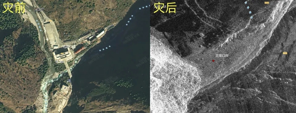 西藏泥石流受災前後對比圖。 西藏泥石流受災前後對比圖。