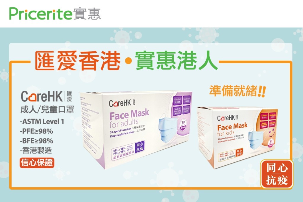 實惠出售第二批港產CareHK口罩。 實惠提供