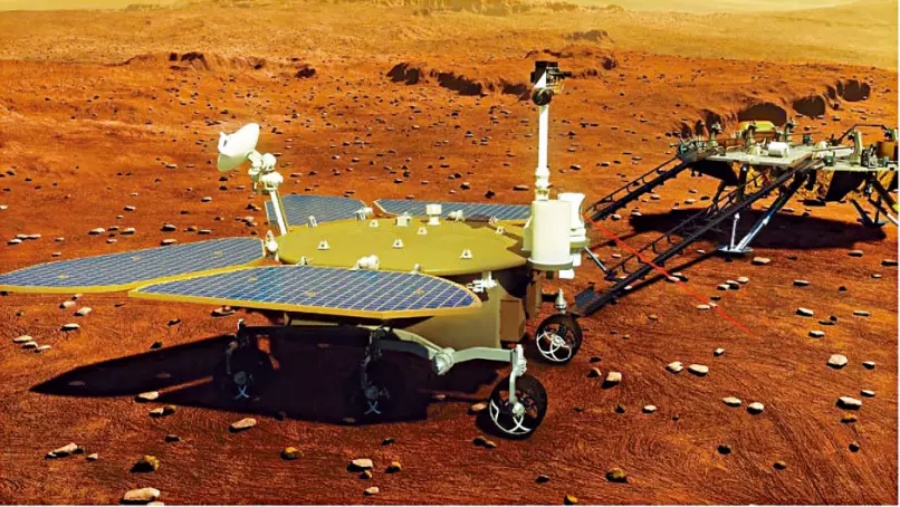 「祝融號」到達火星表面的模擬圖。新華社資料相