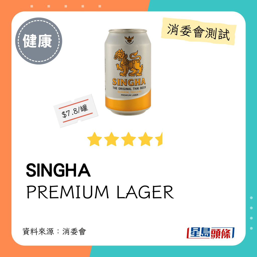 消委會啤酒檢測名單：SINGHA   PREMIUM LAGER（4.5星）