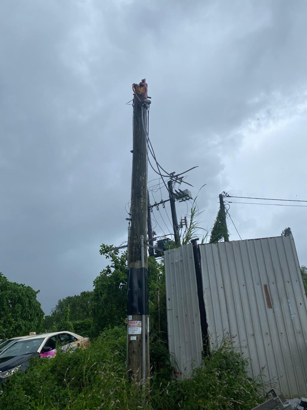 部分架空電纜及電力設備受強風及塌樹影響，中華電力已加派人手支援，以加快復修進度。中電圖片