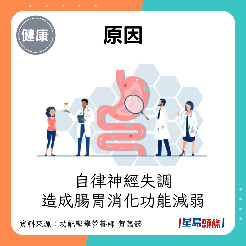 原因：自律神经失调造成肠胃消化功能减弱