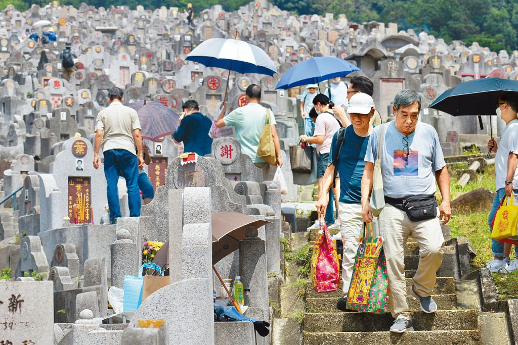 孝子賢孫在烈日下掃墓，舉傘遮擋猛烈太陽。