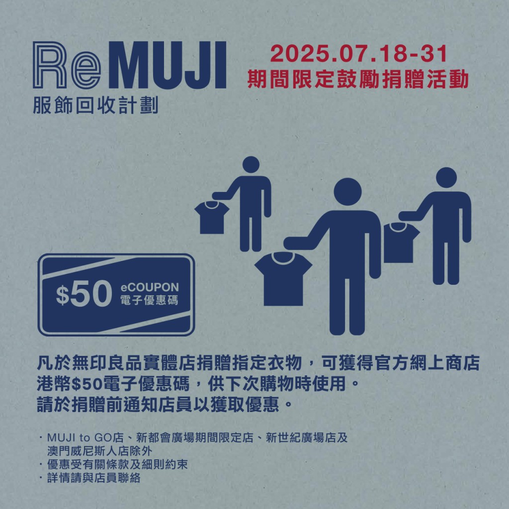 即日起至7月31日，捐贈指定舊衣即可獲得MUJI $50購物優惠券。