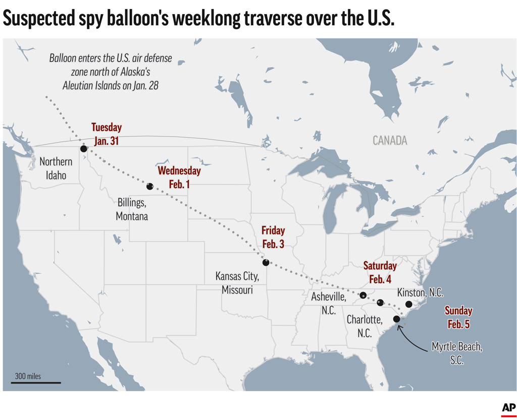 中国气球飞过美国大半领土。