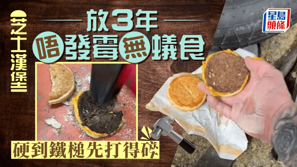芝士漢堡包放了3年沒有發霉,但變得堅硬,要用鐵鎚才能砸開。網上圖片