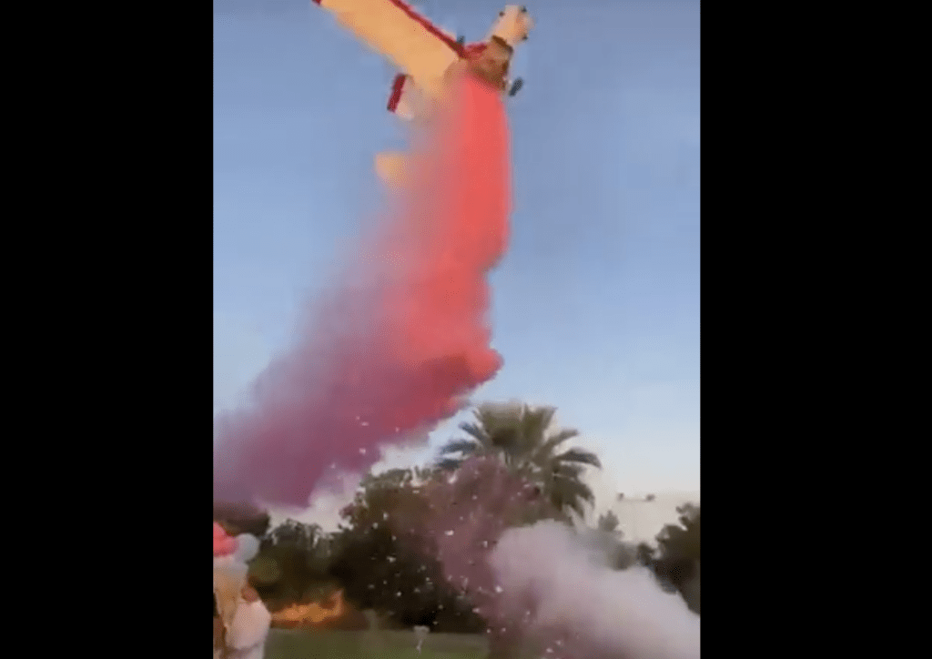 飛機機身向下灑出粉紅色的煙霧，表明他們將有一個女兒。