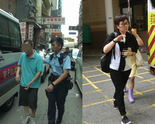 警方拘捕涉案男子(左),女傷者由救護車送院。