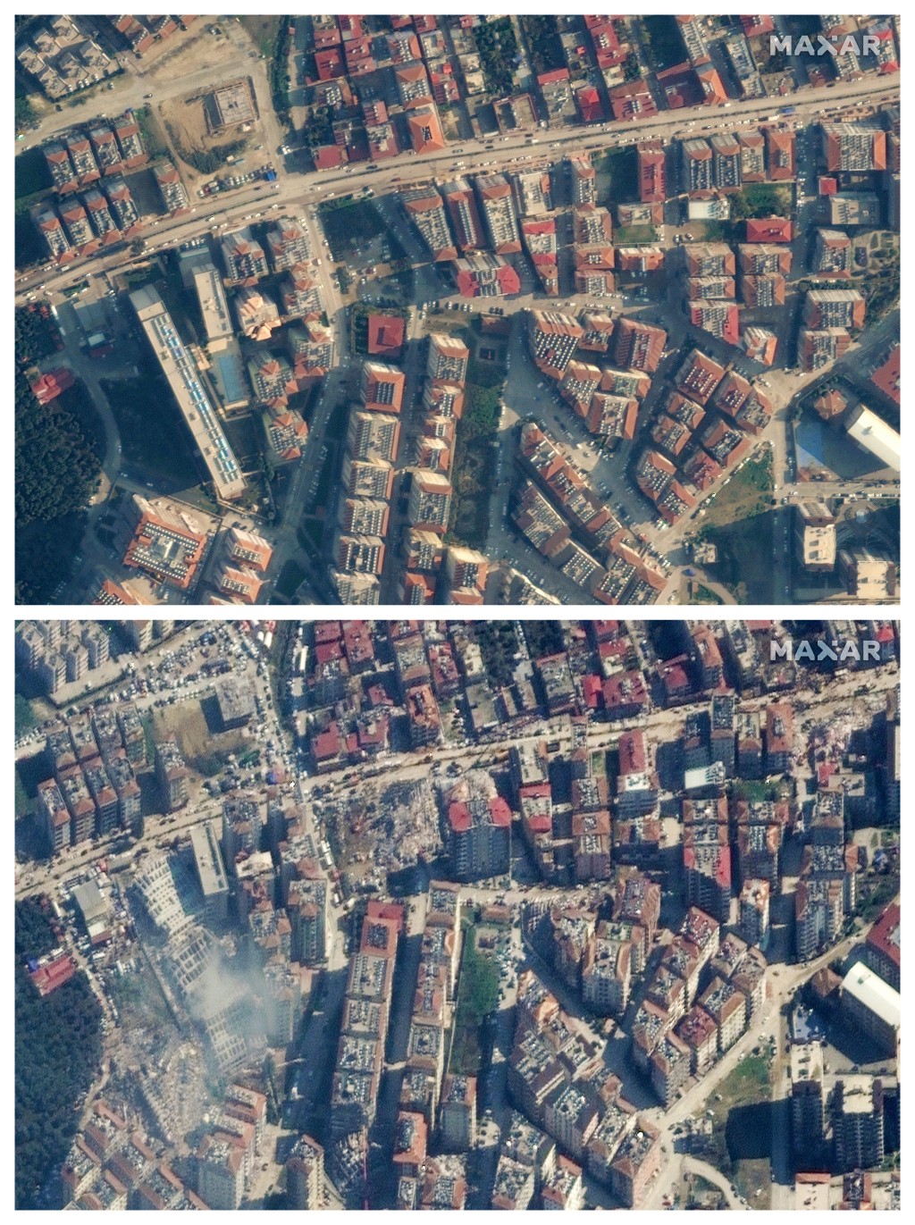 衛星圖像顯示了2023年2月6日星期一土耳其安塔基亞發生強烈地震前後的建築物對比。AP