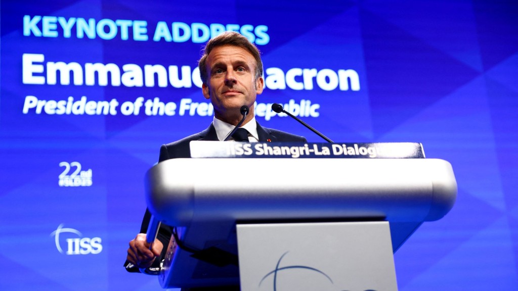 2025年5月30日,法國總統馬克龍在香格里拉對話發表主題演講。 路透社 2025年5月30日,法國總統馬克龍在香格里拉對話發表主題演講。 路透社