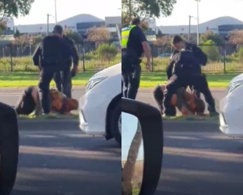 其中一名警員起腳大力踩在該名男子頭上。影片截圖