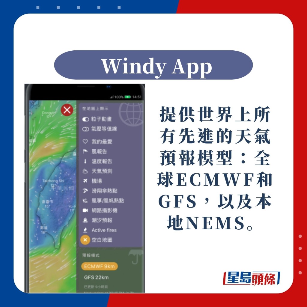 提供世界上所有先進的天氣預報模型：全球ECMWF和GFS，以及本地NEMS。（圖片來源： Windy截圖）