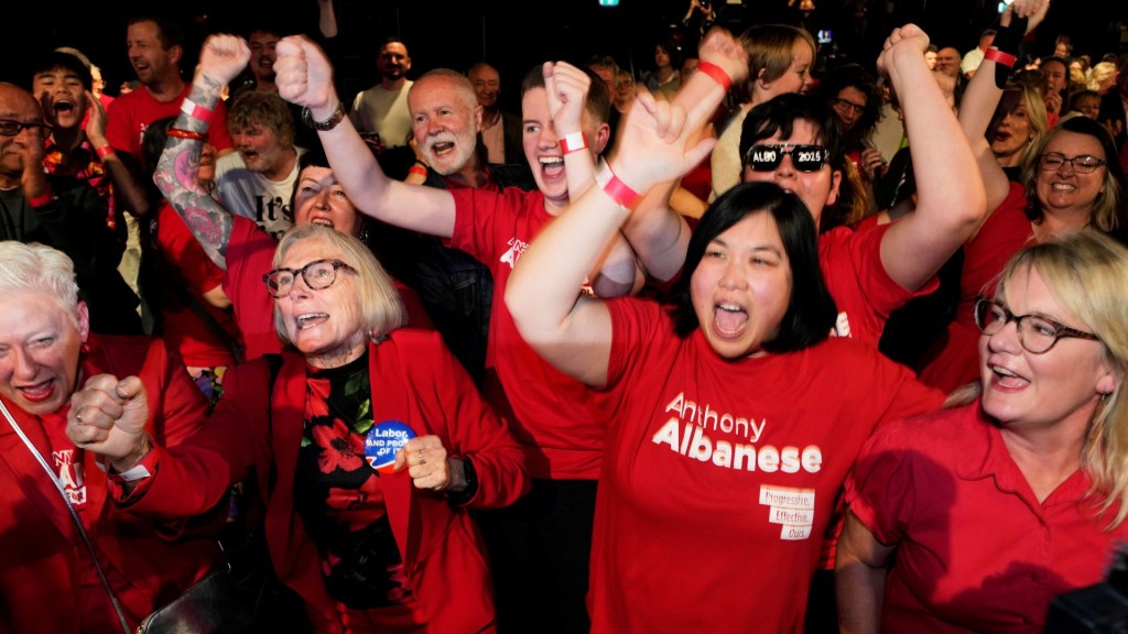 在工黨悉尼總部等結果的支持者興奮慶祝勝選。 美聯社 在工黨悉尼總部等結果的支持者興奮慶祝勝選。 美聯社
