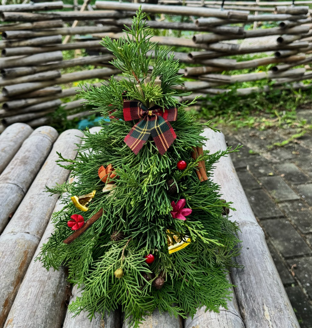 賦予竹的二次生命,利用工作坊剩餘的竹材,親手在大自然創造一棵屬於自己的再生聖誕樹。(圖片來源:受訪者提供) 賦予竹的二次生命,利用工作坊剩餘的竹材,親手在大自然創造一棵屬於自己的再生聖誕樹。(圖片來源:受訪者提供)