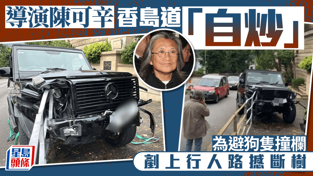 名导陈可辛香岛道驾车撞栏铲上行人路 撞断树车毁幸无伤｜有片
