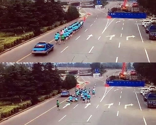 的士直接撞向跑步隊伍。