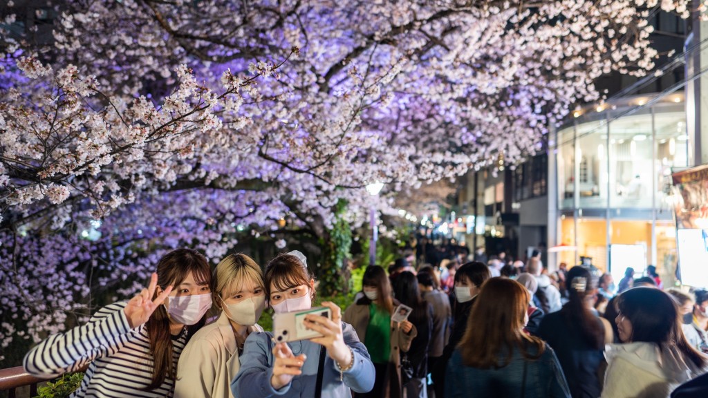 东京游客在目黑川沿岸赏樱自拍。 新华社