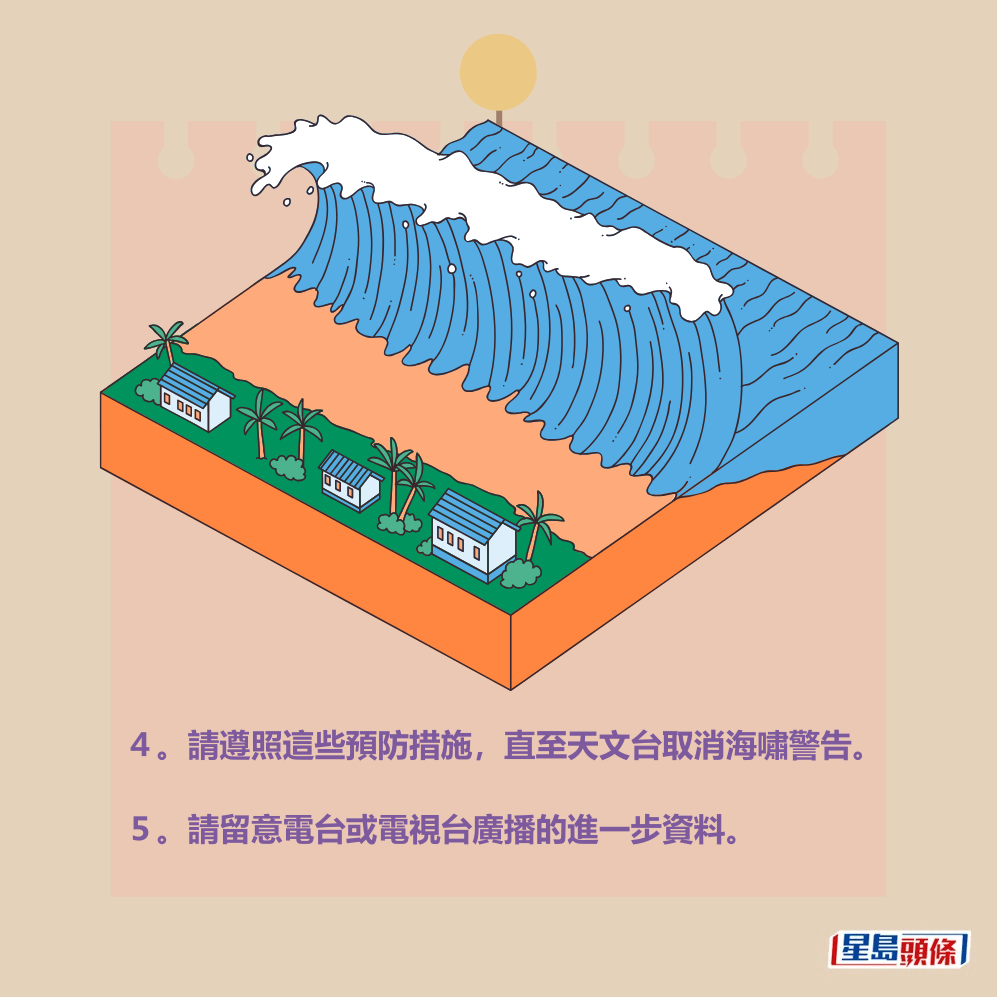 4。請遵照這些預防措施, 直至天文台取消海嘯警告。 5。請留意電台或電視台廣播的進一步資料。 4。請遵照這些預防措施, 直至天文台取消海嘯警告。 5。請留意電台或電視台廣播的進一步資料。