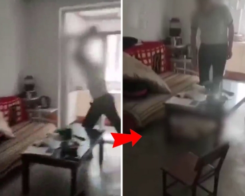 陝西2歲半幼童遭父親舉起摔沙發，孩子從沙發滾至地上，大聲啼哭。(網圖)