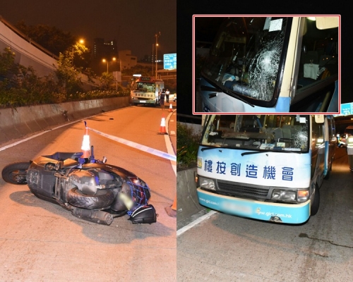 電單車被撞飛20米外,紅色小巴的車頭大玻璃破裂。
