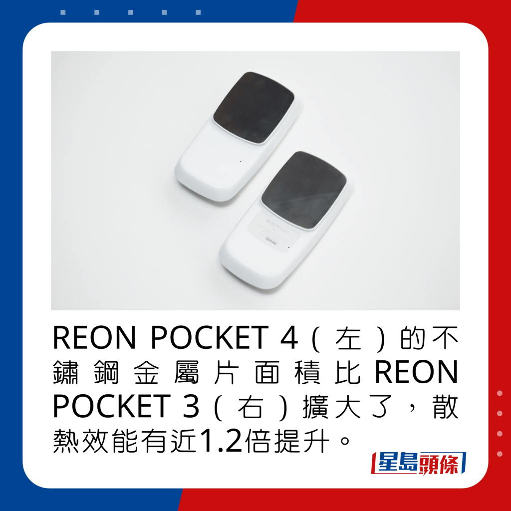 REON POCKET 4（左）的不鏽鋼金屬片面積比REON POCKET 3（右）擴大了，散熱效能有近1.2倍提升。
