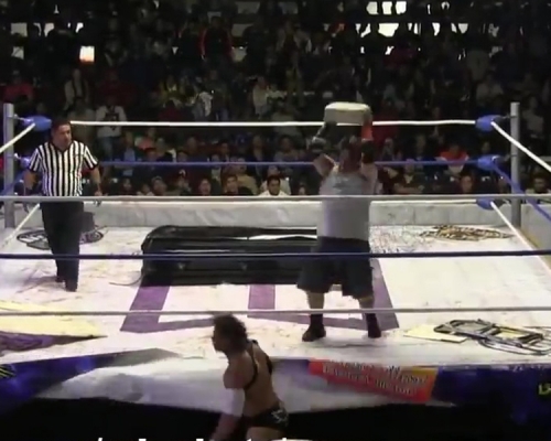 摔角手岡薩雷斯拿起一塊磚頭擲向科雷亞，正中他頭部。(網圖)