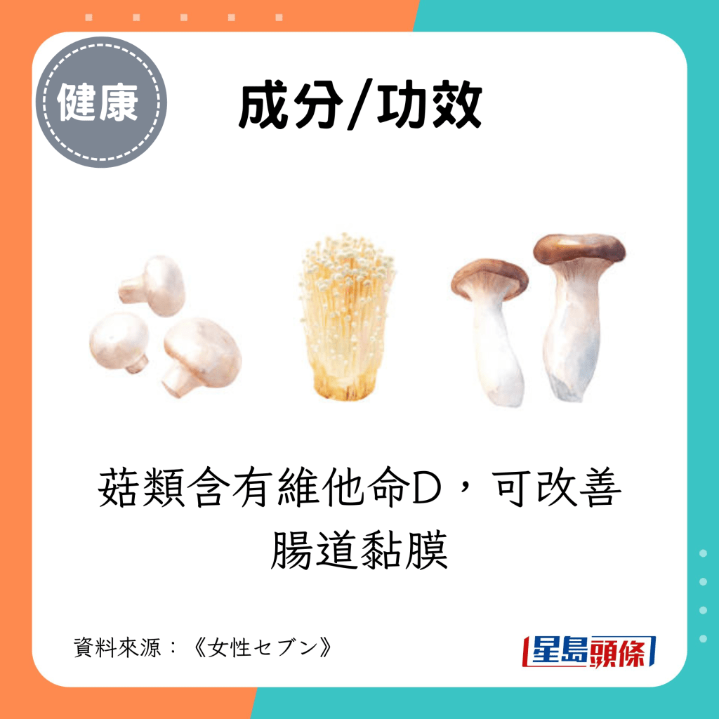 菇类含有维他命D，可改善肠道黏膜