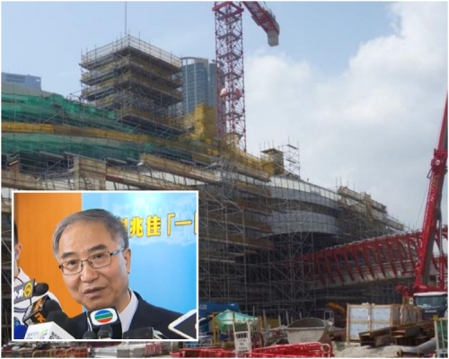 饒戈平(小圖)指一地兩檢毋須修改基本法附件三。大圖為西九龍總站入口工程。
