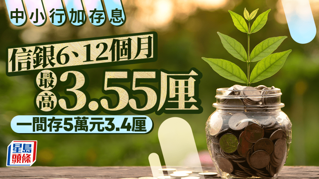 定存攻略｜中小行加存息 信銀6、12個月最高3.55厘 一間存5萬元3.4厘