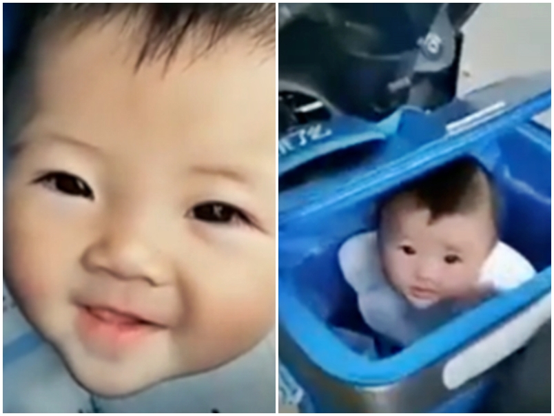 他將外賣箱改造成霏兒的「小搖籃」。網圖