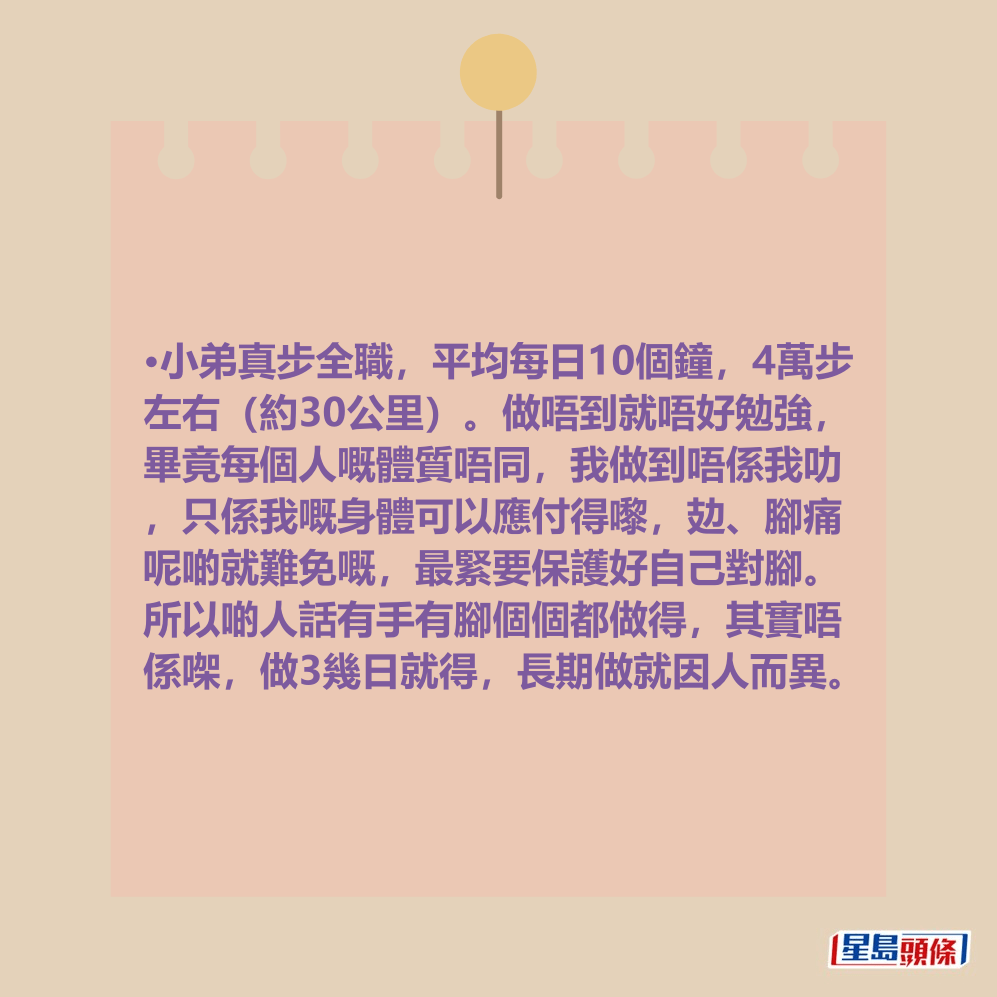 網民:小弟真步全職,平均每日10個鐘,4萬步 左右(約30公里)。 網民:小弟真步全職,平均每日10個鐘,4萬步 左右(約30公里)。