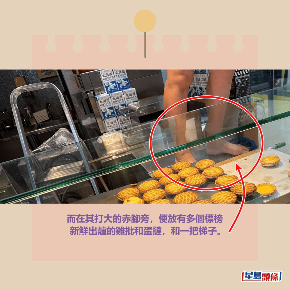 而在其打大的赤腳旁，便放有多個標榜 新鮮出爐的雞批和蛋撻，和一把梯子。fb「麗港城討論區」截圖