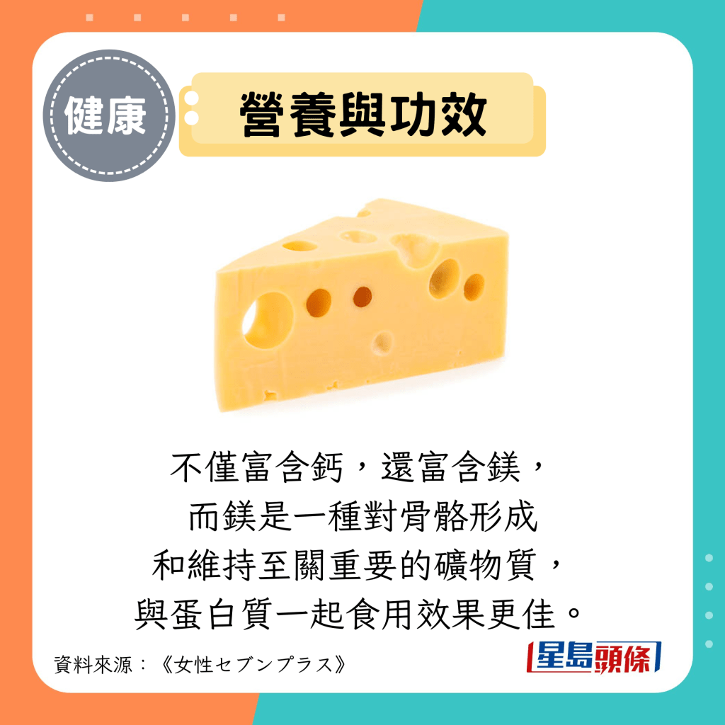 营养与功效：不仅富含钙，还富含镁， 而镁是一种对骨骼形成 和维持至关重要的矿物质， 与蛋白质一起食用效果更佳。