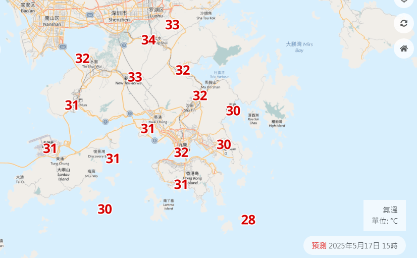明日市區最高氣溫將達32℃，部分區域或升至34℃。天文台截圖