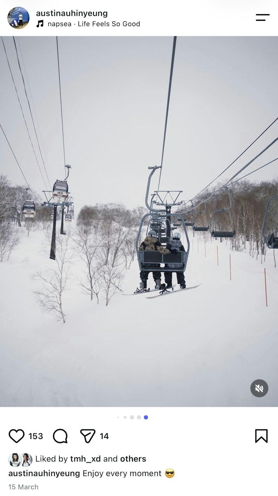 譚旻萱與區顯揚3月時曾滑雪洩蜜。 譚旻萱與區顯揚3月時曾滑雪洩蜜。