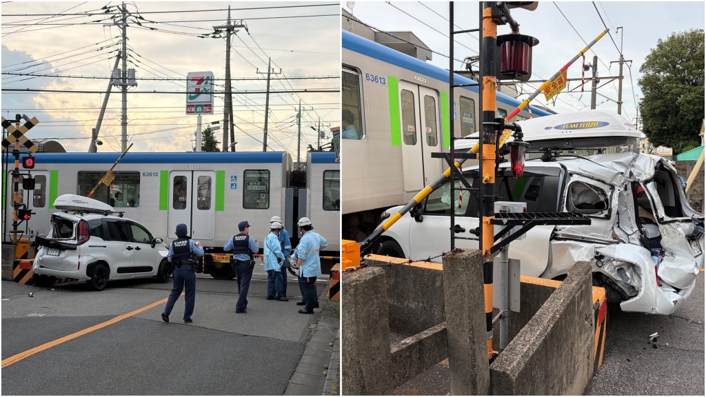 被指跟車太貼的私家車被撞至嚴重損毀。 @inakayama7 / X