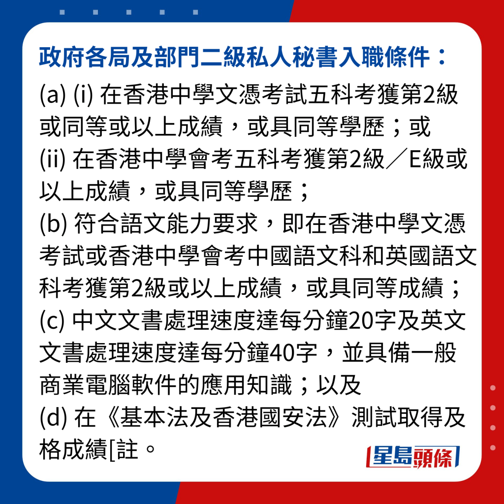 政府各局及部門二級私人秘書入職條件：