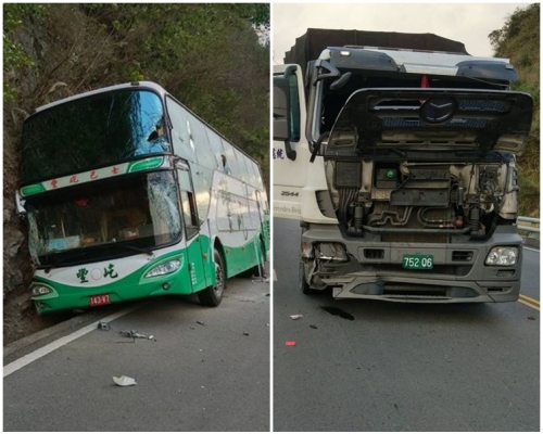 遊覽車導遊、貨車司機與乘客被碎玻璃割傷,29名旅客安全。網圖